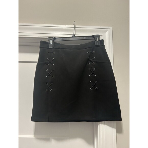 Black Lace Up Mini Skirt Stretch Peach Skin Feel Punk Grunge Y2K 90s Women’s XL - Picture 1 of 5
